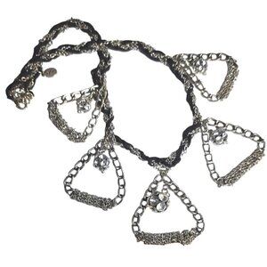 Vintage Necklace Efm Handmade Silver-Tone Statement Chain Rhinestone Black Rope
